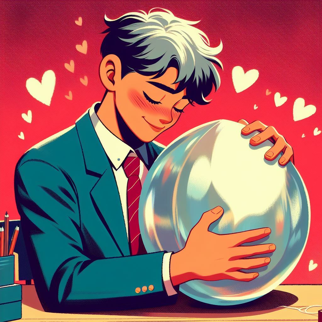 Handsome Korean teenager around 15 years old lovingly hugging a very large pearl at school 2