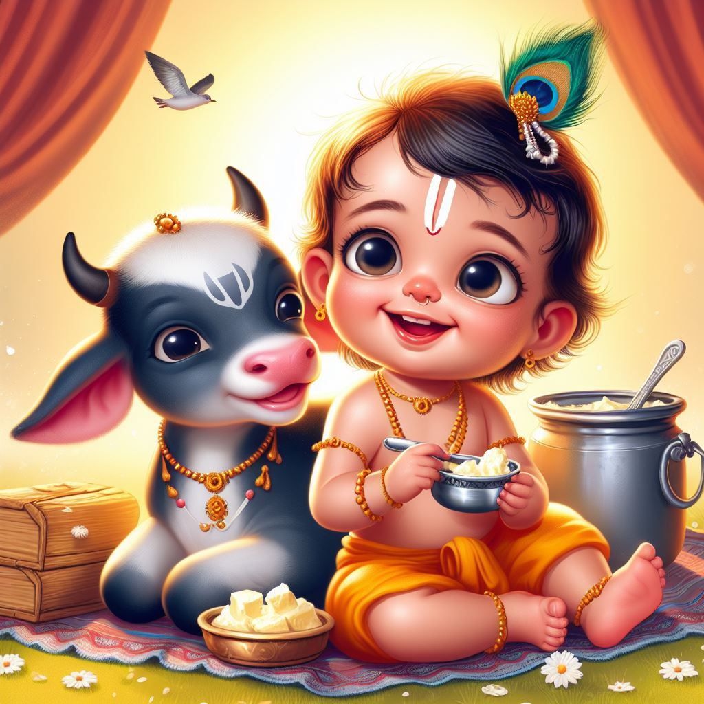 Baby Lord Krishna Eating butter 🧈 with His Cow