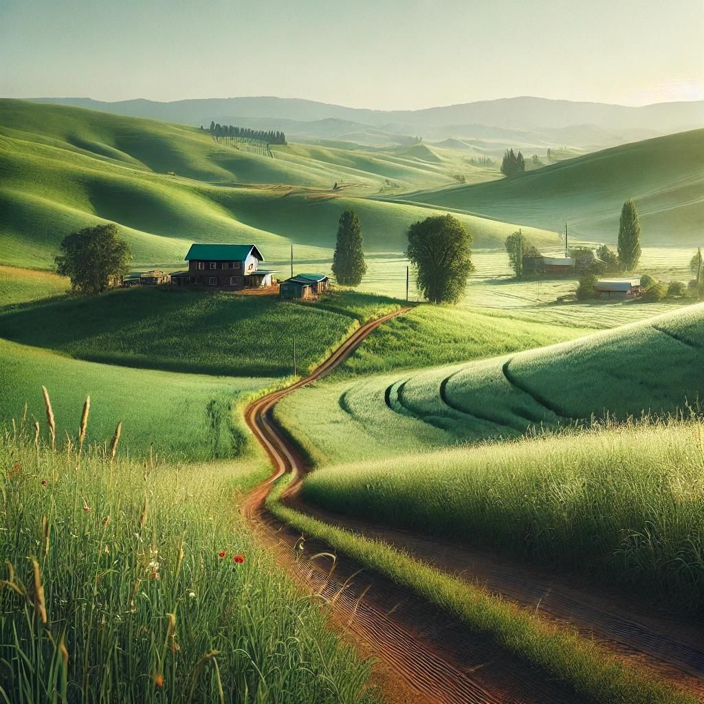 A peaceful countryside with rolling green hills and a small farmhouse in the distance