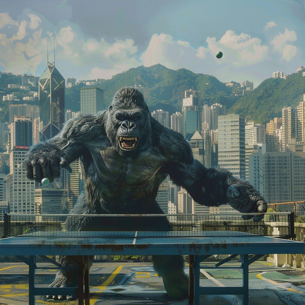 King Kong playing Ping Pong in Hong Kong