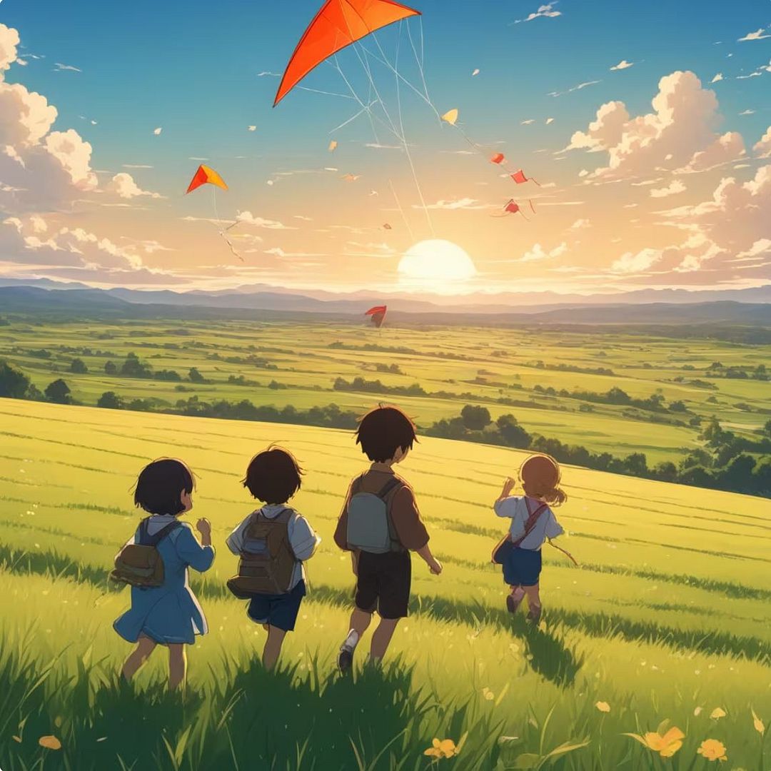 Children playing with kites in the field