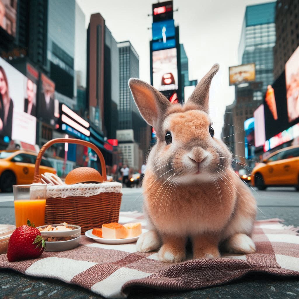 rabbit having a picnic in the middle of Times Square