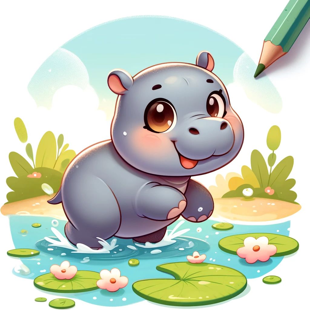 DALL·E 2024-04-19 12.58.03 - Create a delightful hippopotamus character, designed to be adorable and friendly. This hippo has a big, warm smile and large, kind eyes that convey a