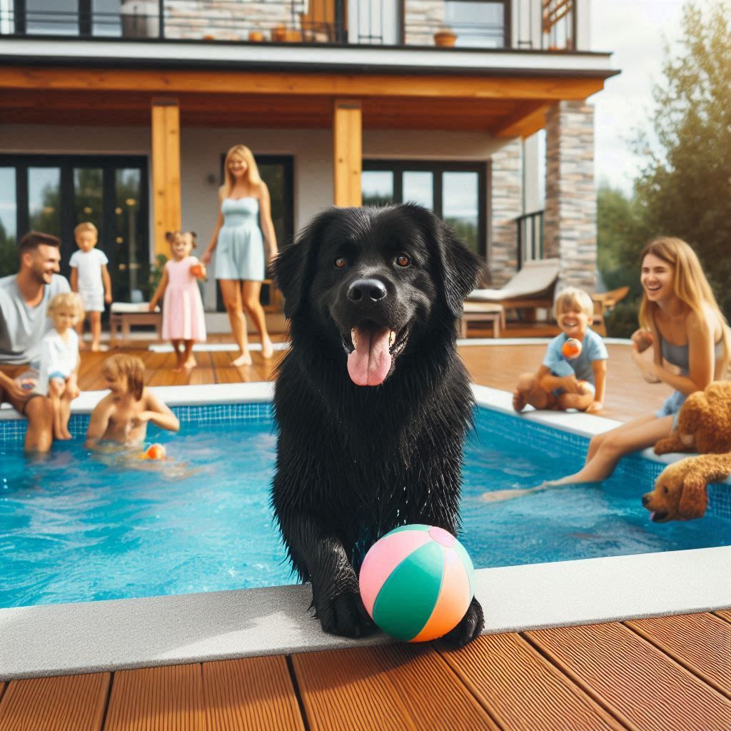 Black dog simba playing near to the swimming pool with children's and parents watching them