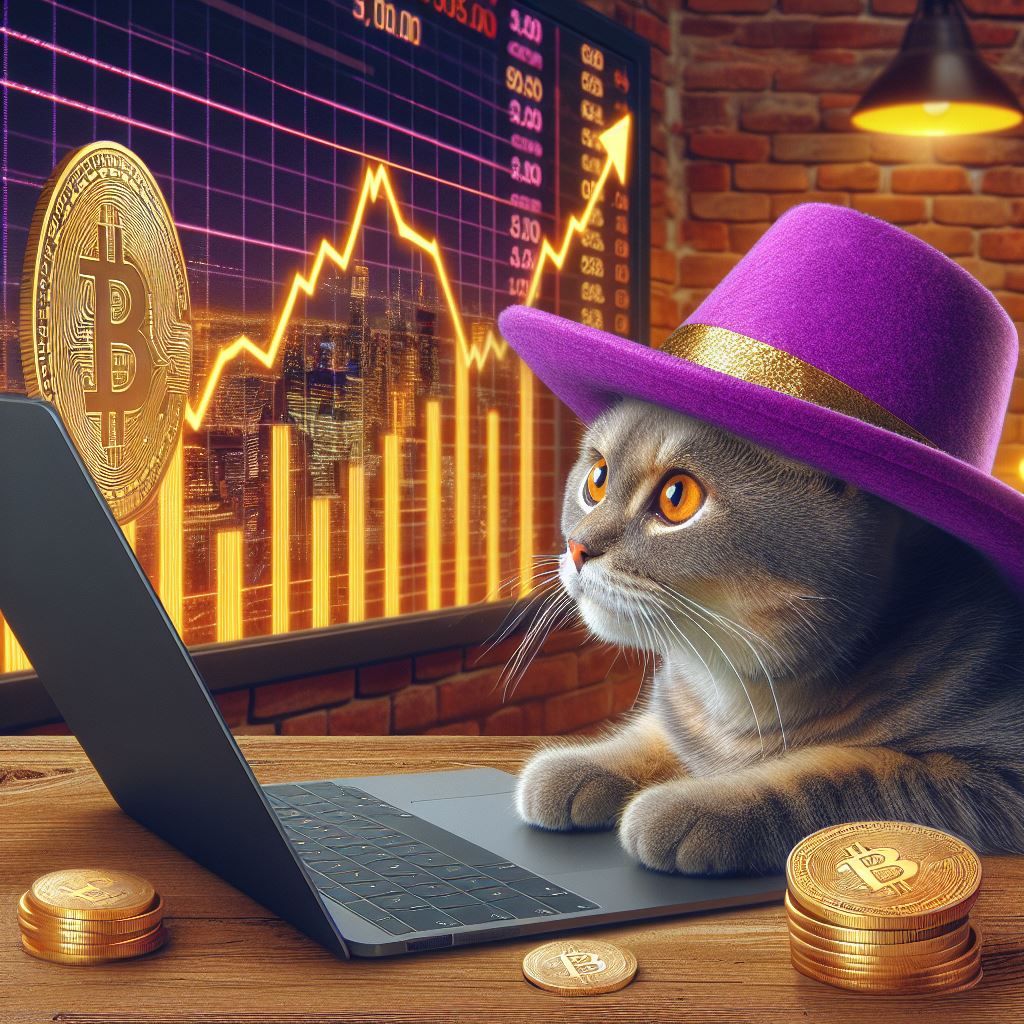 A cat looking at a graph showing Bitcoin rising