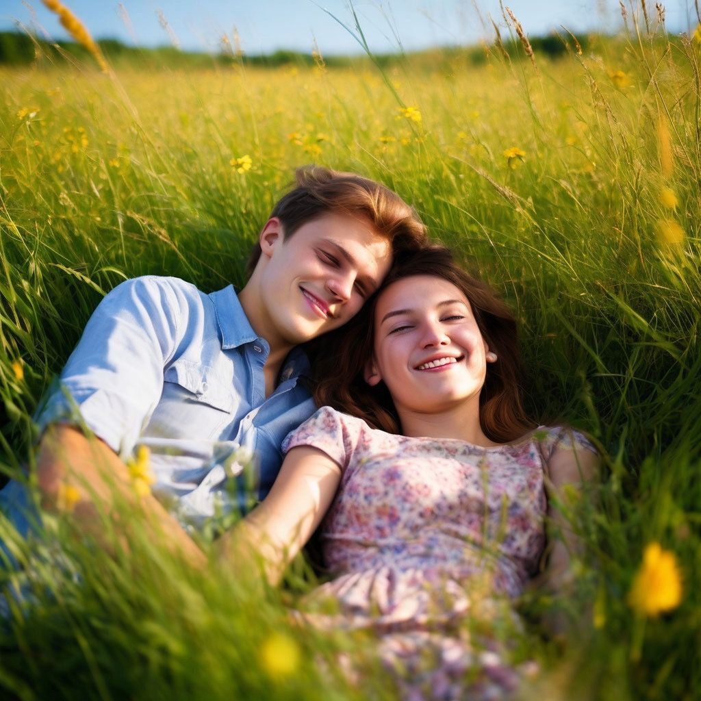 Young man and girl in a flower meadow