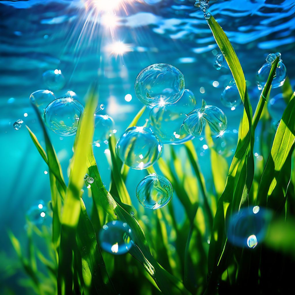 macro-shot-of-round-blue-air-bubbles-clinging-to-the-vibrant-green-blades-of-sea-grass-under-the-oce