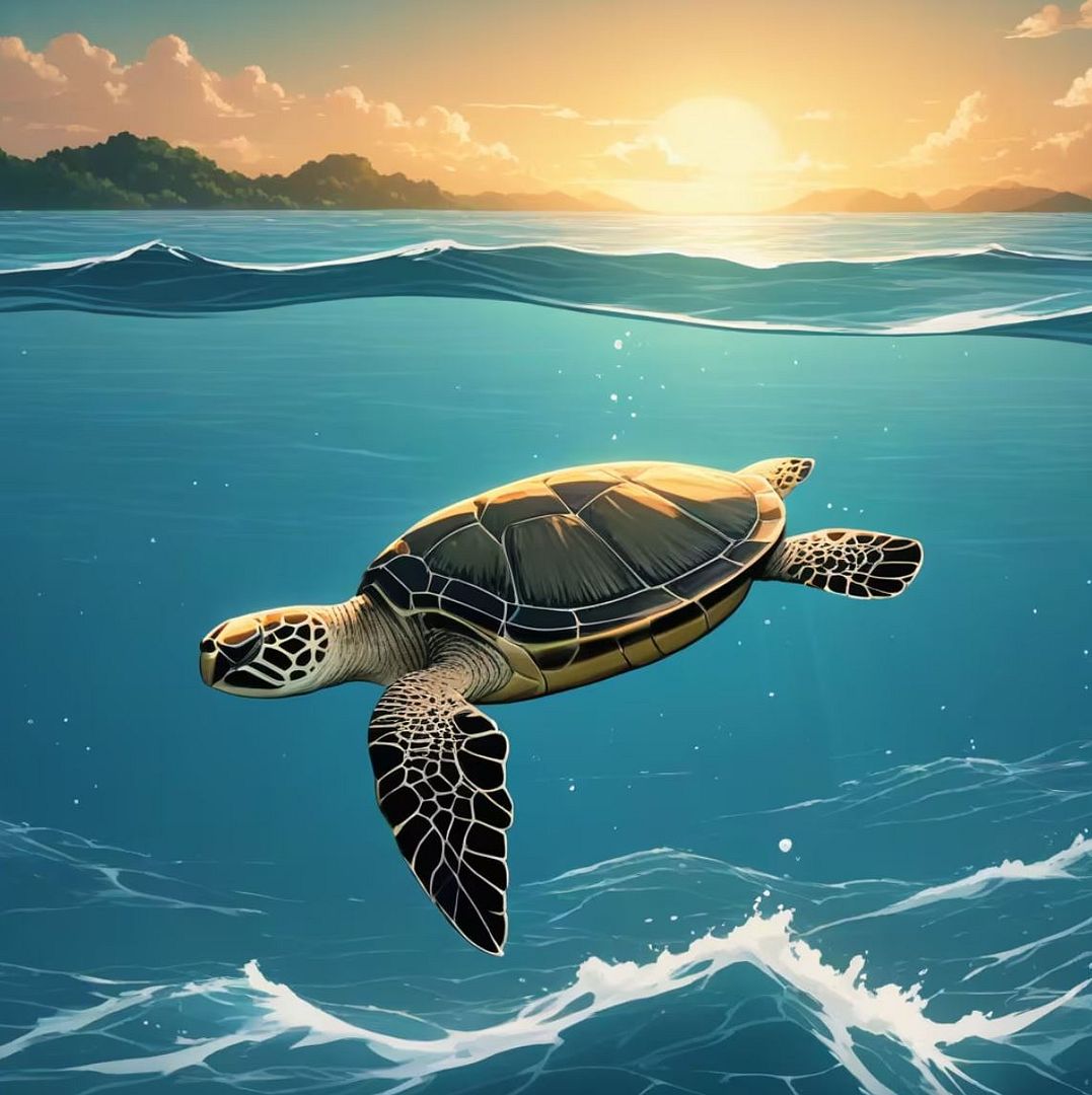 Lonely turtle swimming alone in the sea