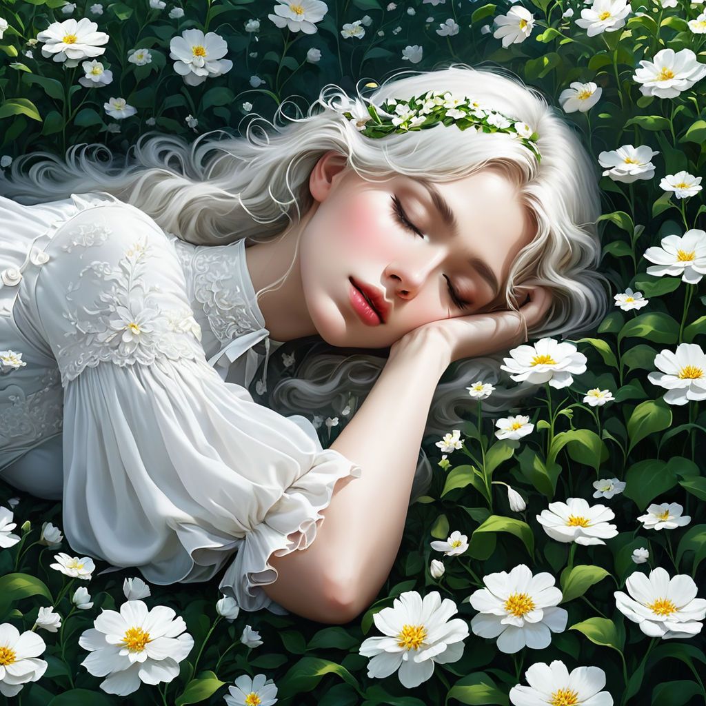 A mysterious girl lies in a white flower garden and closes her eyes to the song