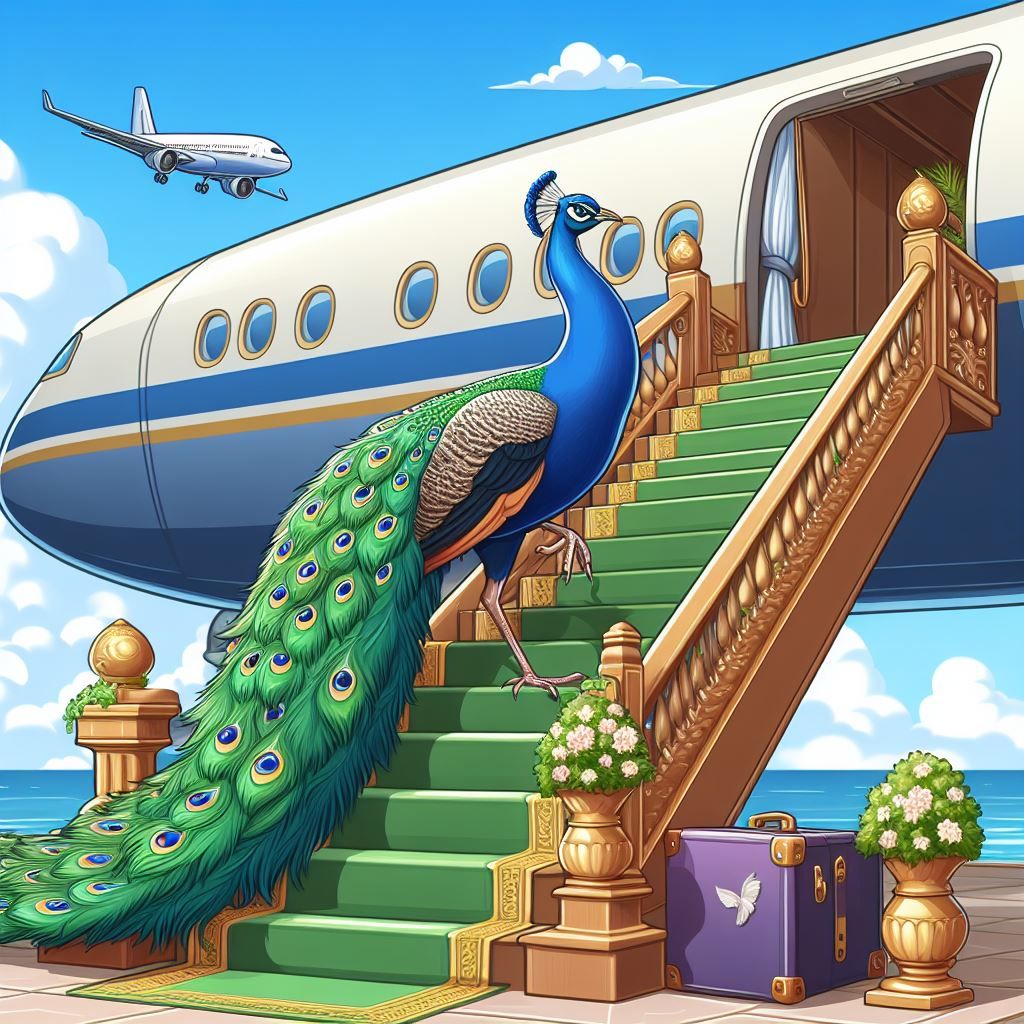 A peacock is boarding on a plane