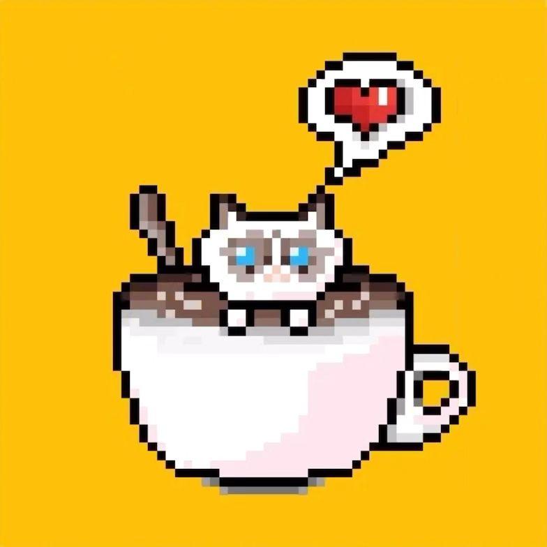 CoffeeCat, a pixel art by @chuxin on https://www.pixilart.com/, inspired by a cup of coffee and her cat Maru