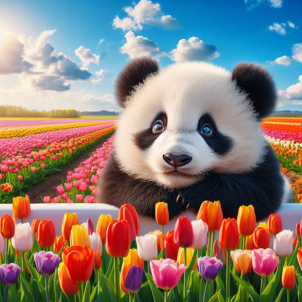 A baby panda lying in a flower garden