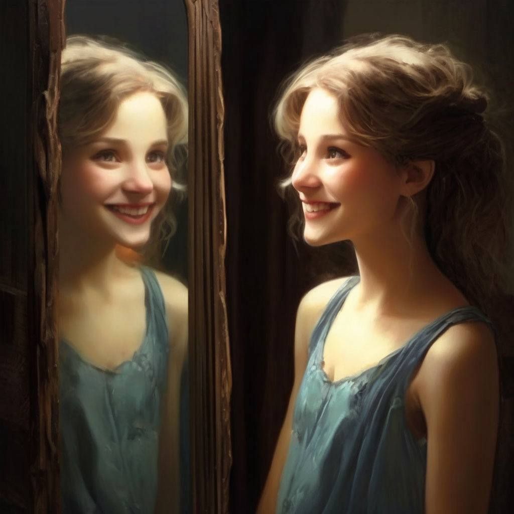 Girl's smile in a mirror ow