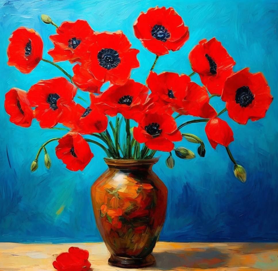 A vase with red poppies