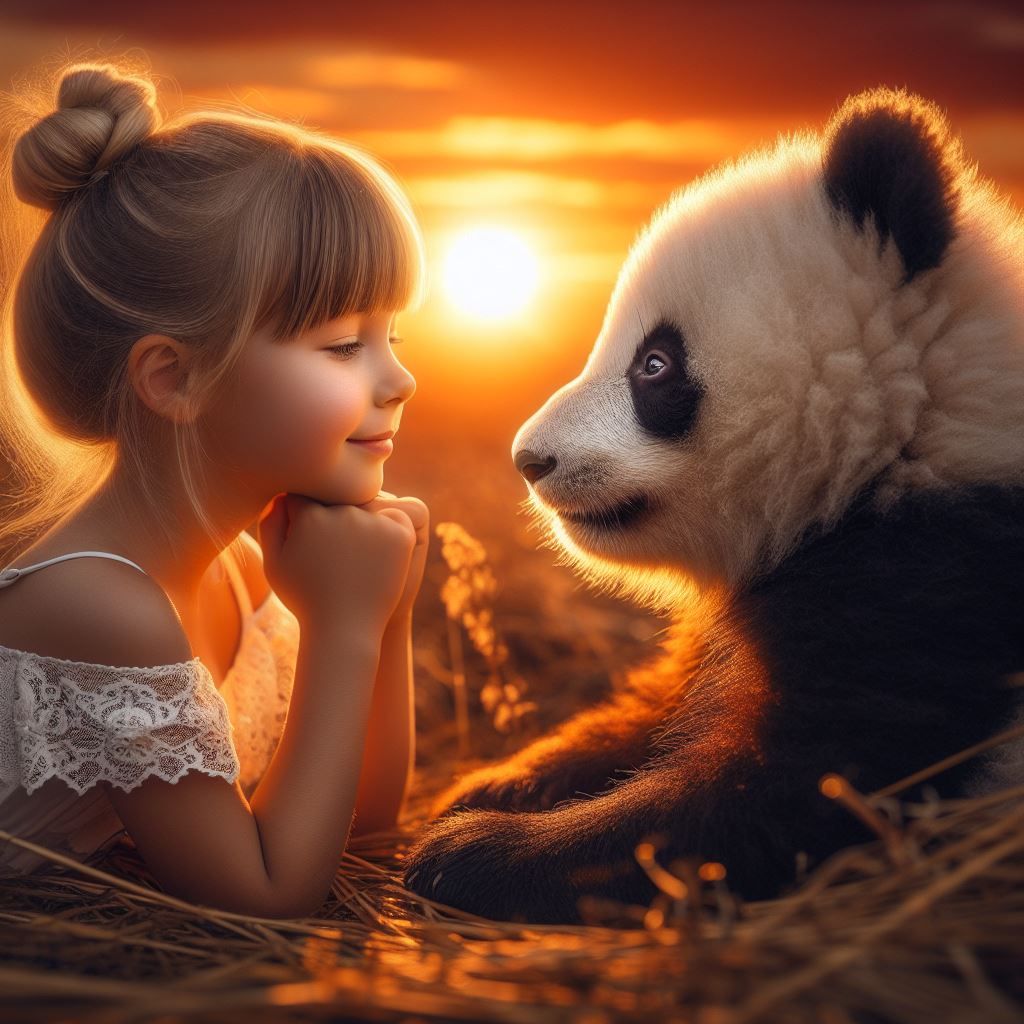 baby panda and girl look by the sunset