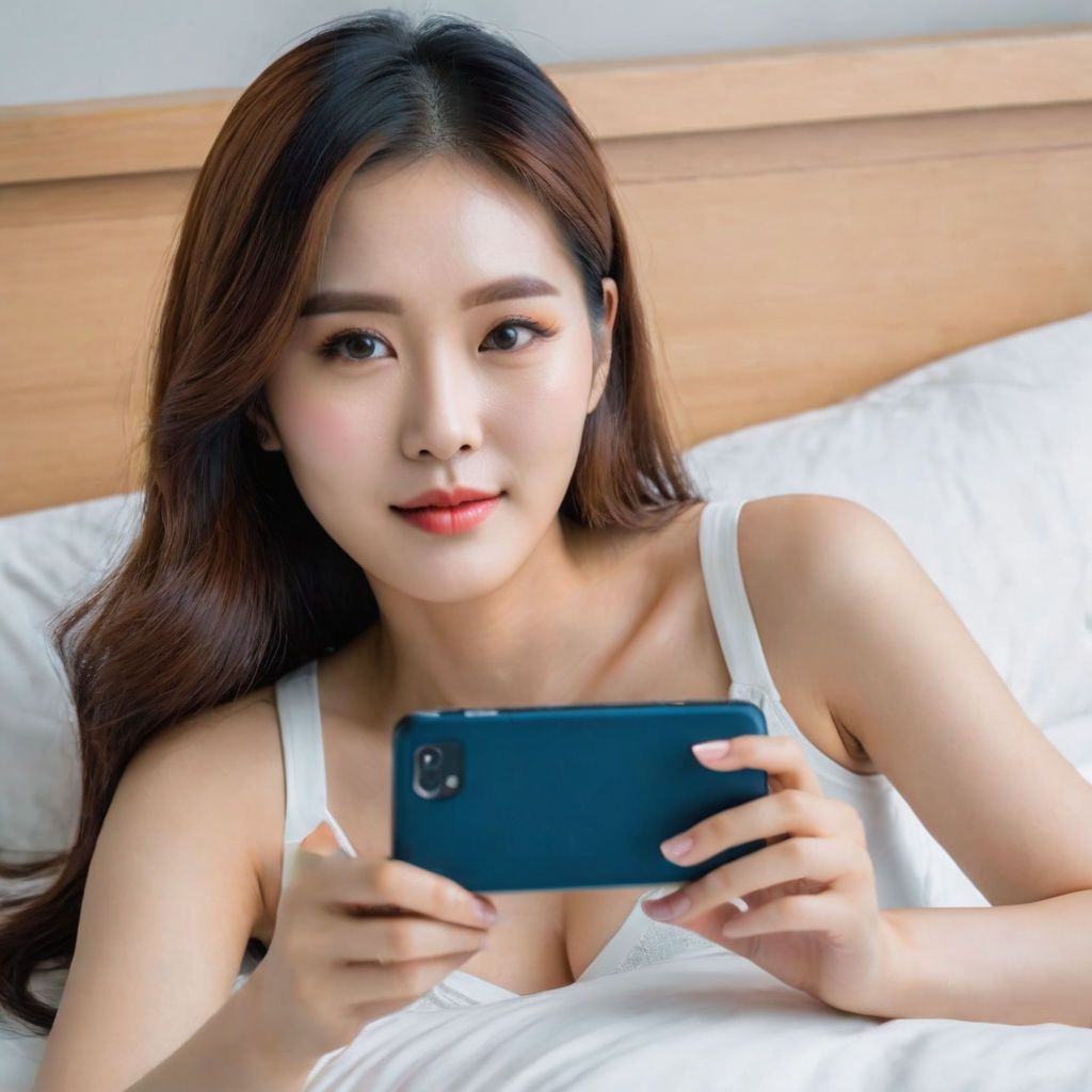 a-pretty-slim-korean-woman-who-is-looking-at-her-cell-phone-while-lying-on-the-bed