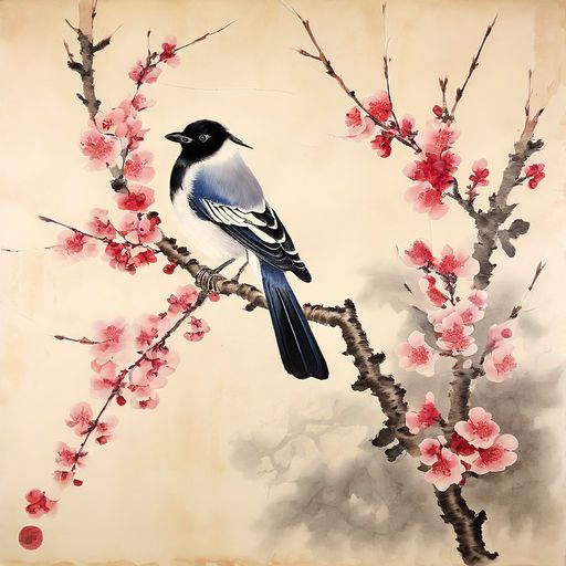 oriental painting magpie