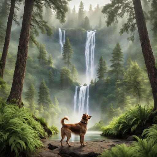 a dog in front of a waterfall