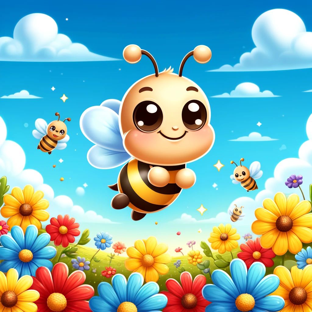 DALL·E 2024-04-04 14.54.57 - A cartoon-style image of a cute, smiling bee flying over a field of colorful wildflowers under a bright blue sky. The bee has big, friendly eyes and i