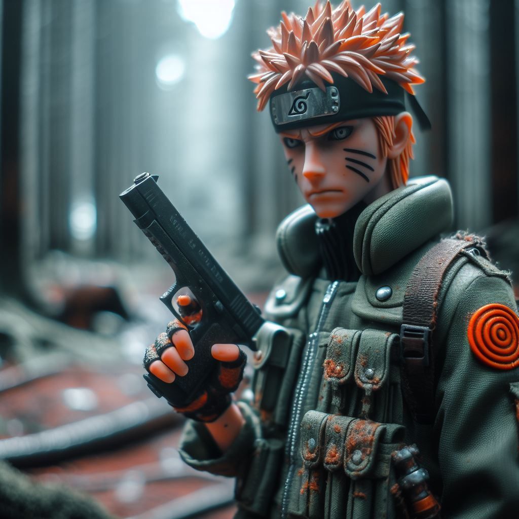 Naruto in a war With his Gun , background Abandoned city