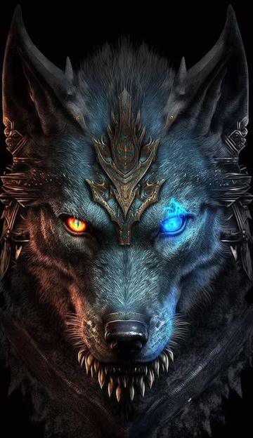 A wolf with blue and red eyes