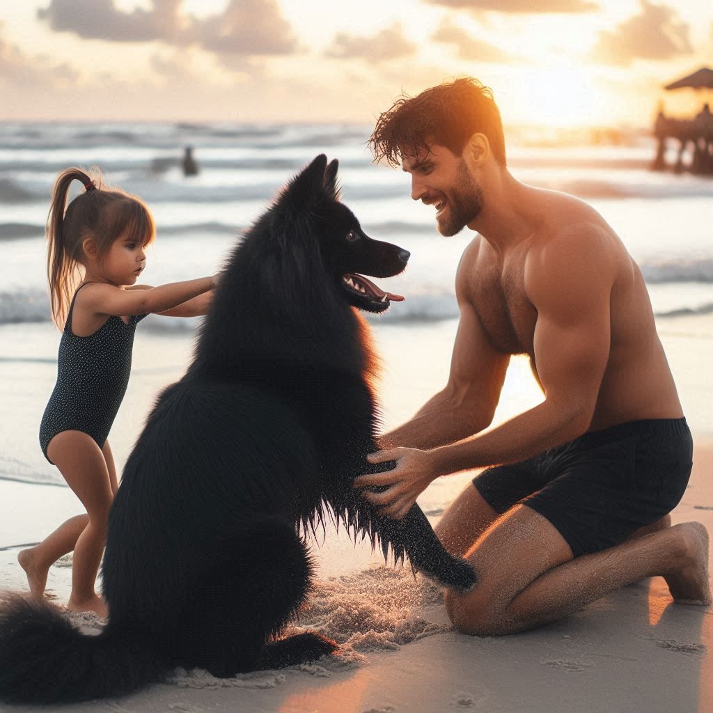 the black simba dog playing games with the father and little daughter on the beach