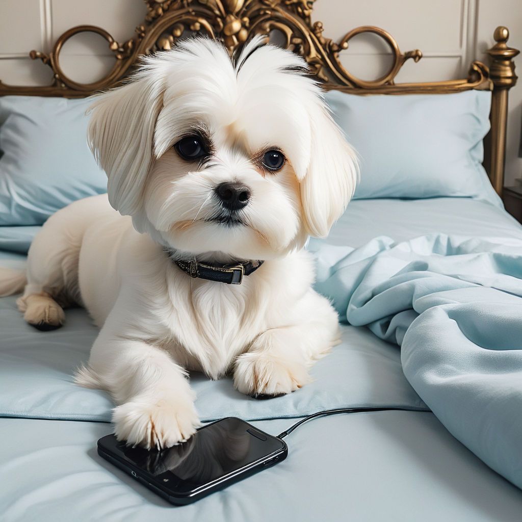 picture-a-comfortable-maltese-lying-on-a-luxurious-queen-size-bed-and-using-a-cell-phone