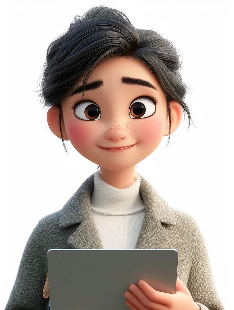 An Asian character holding a computer, front close-up view, simple white background, rendered in a Disney-like animated style. wearing business suit, The character's expression is one of concentration and joy, as if engaged in an interesting task on the laptop, Cartoon Illustration, exaggerated features typical of Disney animations, warm and inviting lighting, 8k