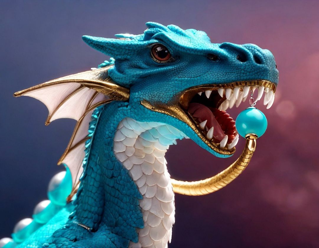 a dragon flying with a sky blue bead