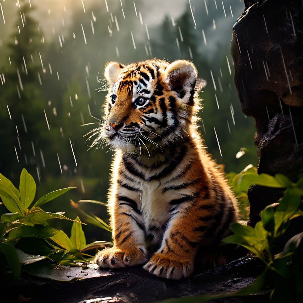 a-baby-tiger-watching-the-rain-in-the-mountains