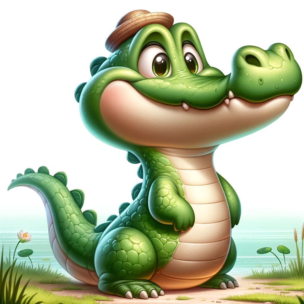 DALL·E 2024-04-14 14.39.00 - Create a whimsical alligator character, styled to be friendly and approachable. This alligator has a wide, charming smile and soft, rounded features t