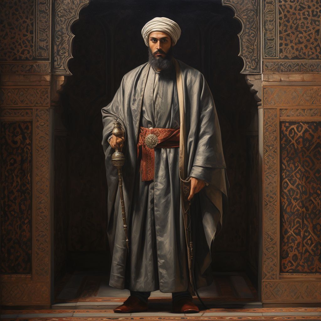 Full body standing muslim man in spanish islam art painting.