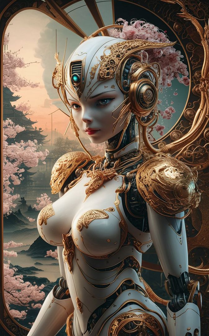 A stunning and intricate depiction of a female robot, inspired by steampunk and ukiyo-e art styles