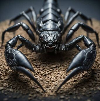 A black scorpion, rendered in a realistic style, with intricate details and textures