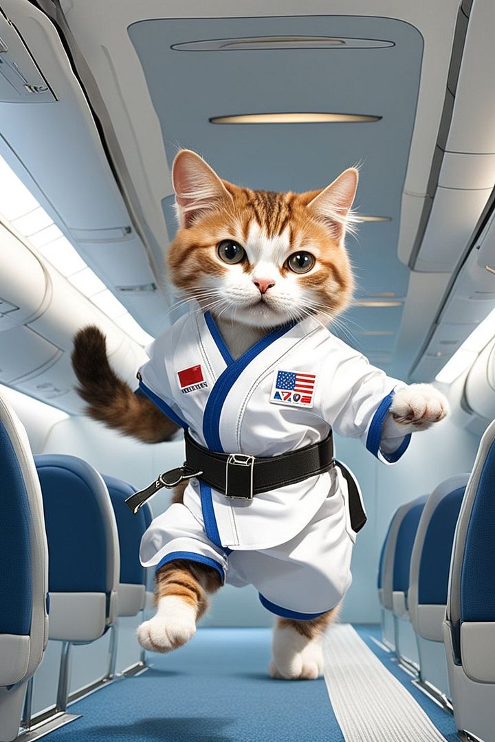 taekwondo cat on airplane