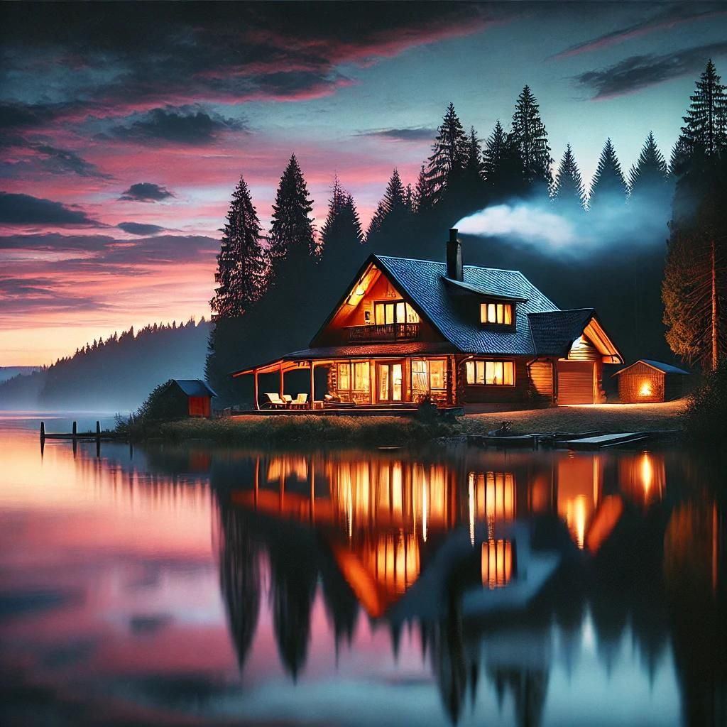 A serene lakeside cabin at dusk, with a calm lake reflecting the colorful sky