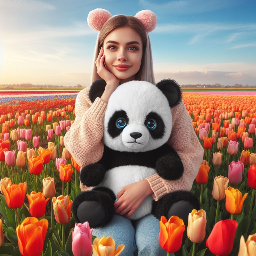 A baby panda with a woman in a flower garden