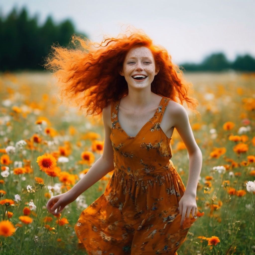 Red-haired girl runs across the field