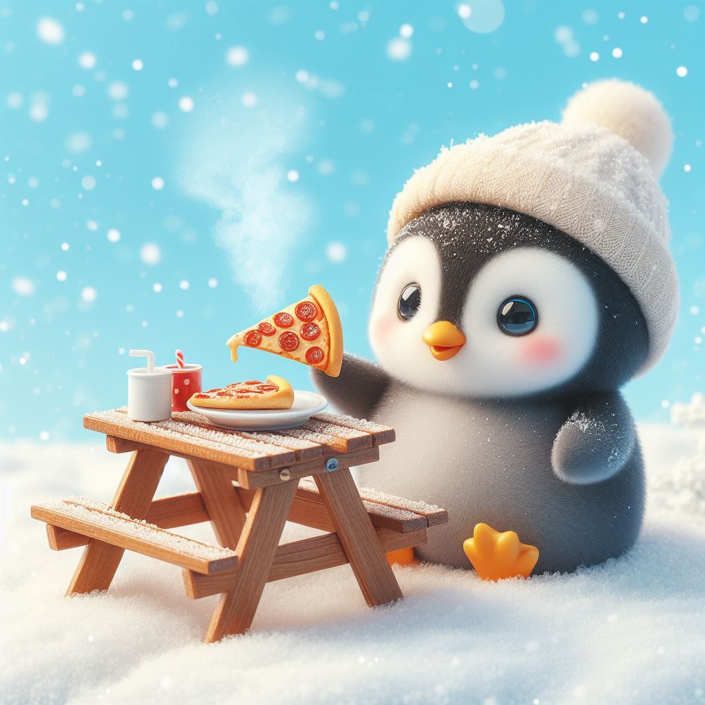 Penguin enjoying pizza