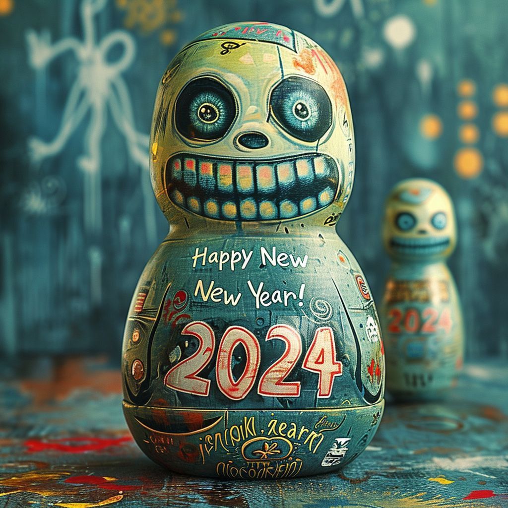 Gelatinous graffitipunk  Matryoshka with text that says "Happy New Year! 2024".