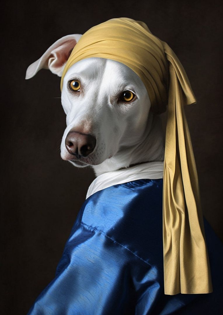 German sherpard dog staring at camera pose in style of Johannes Vermeer 1665,painting style, full body, ultra realistic portrait