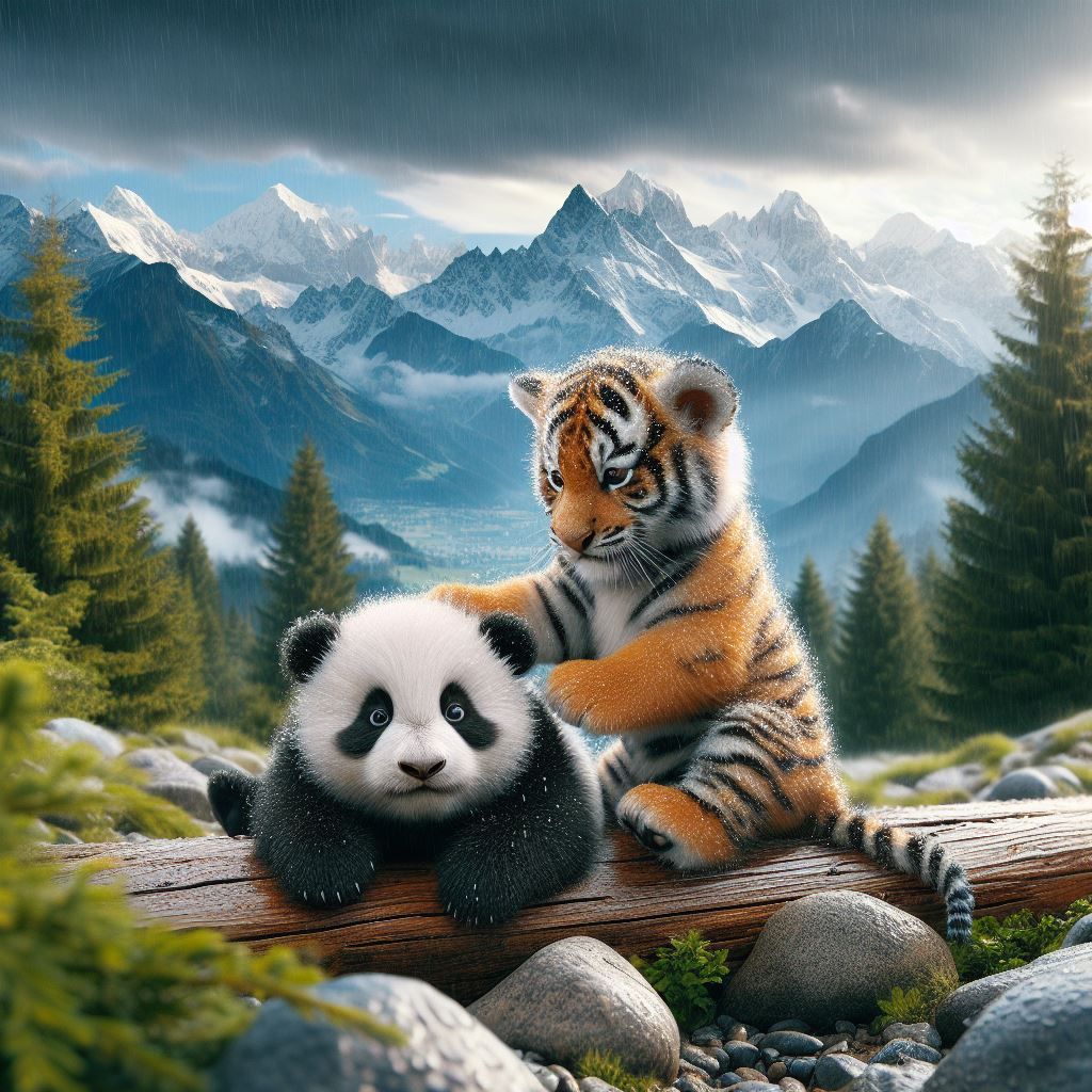 Baby Panda with baby tiger