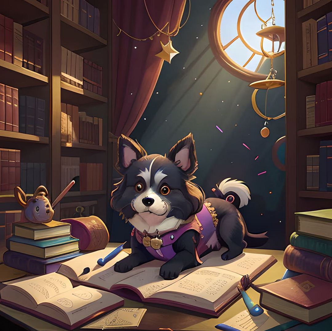 puppy reading a book