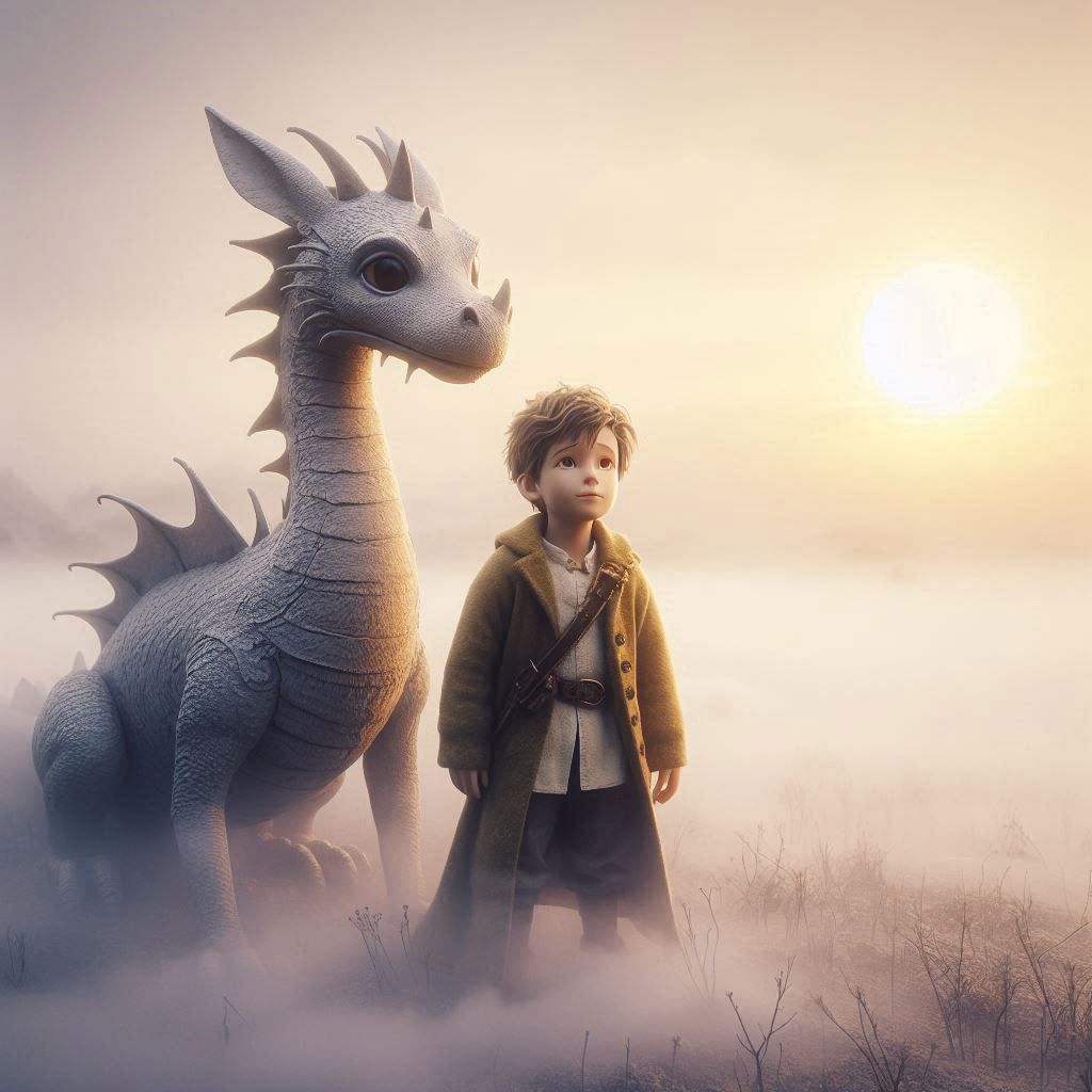 The little prince beside white dragon