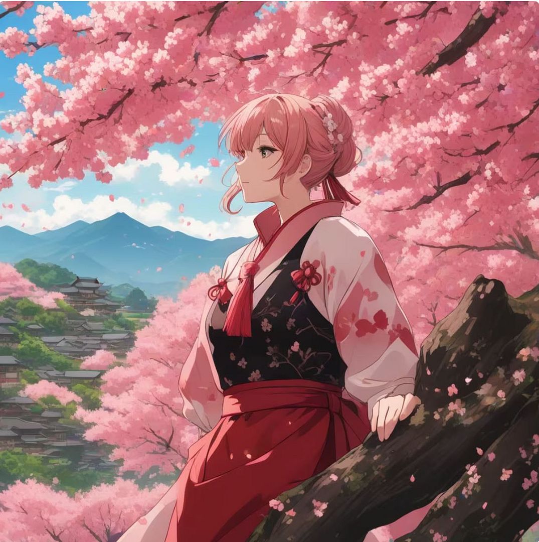 A woman resting under a cherry blossom tree in full bloom