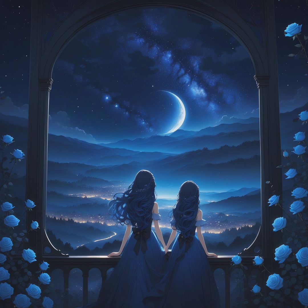 Two Sisters Looking at the Blue Night Sky