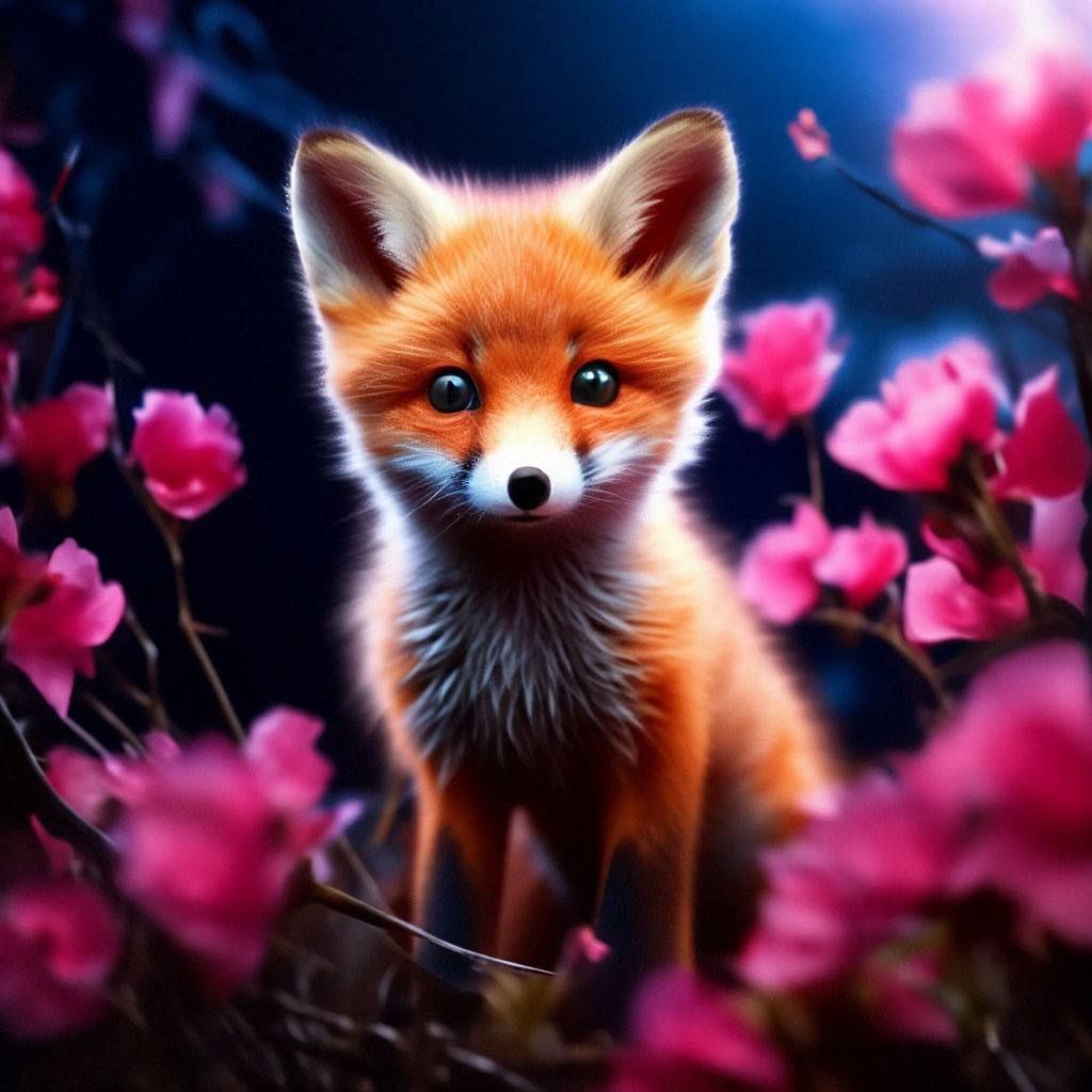 Little fox in night flowers