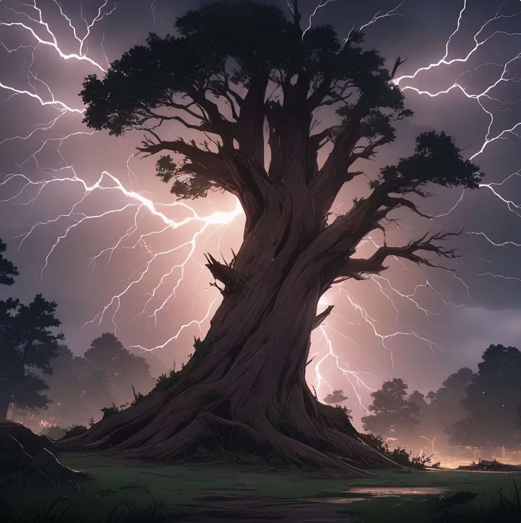 Old tree struck by lightning