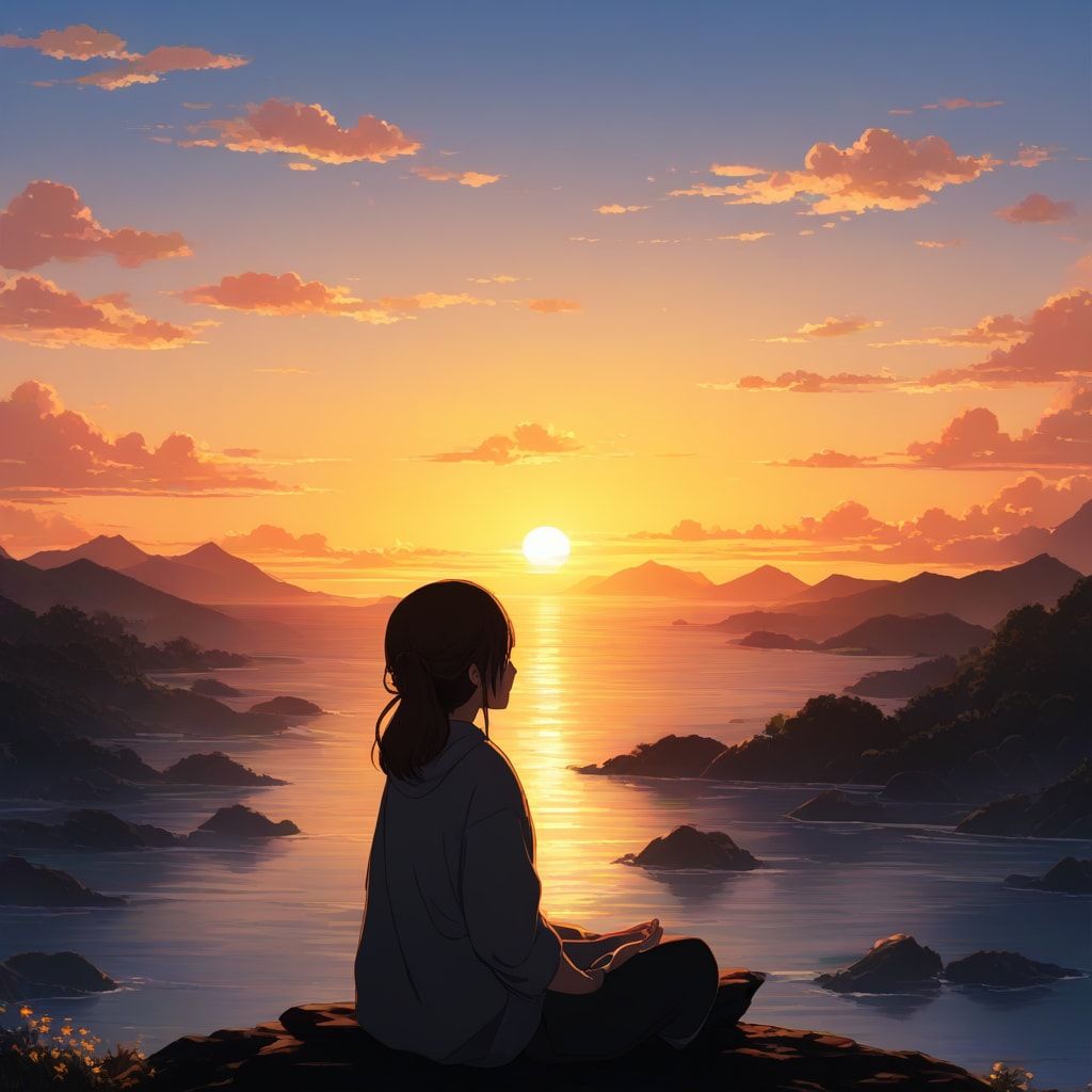 a girl meditating by the sunset