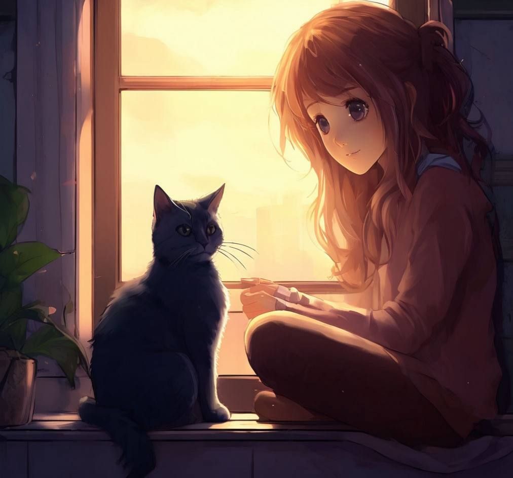 Girl and black cat